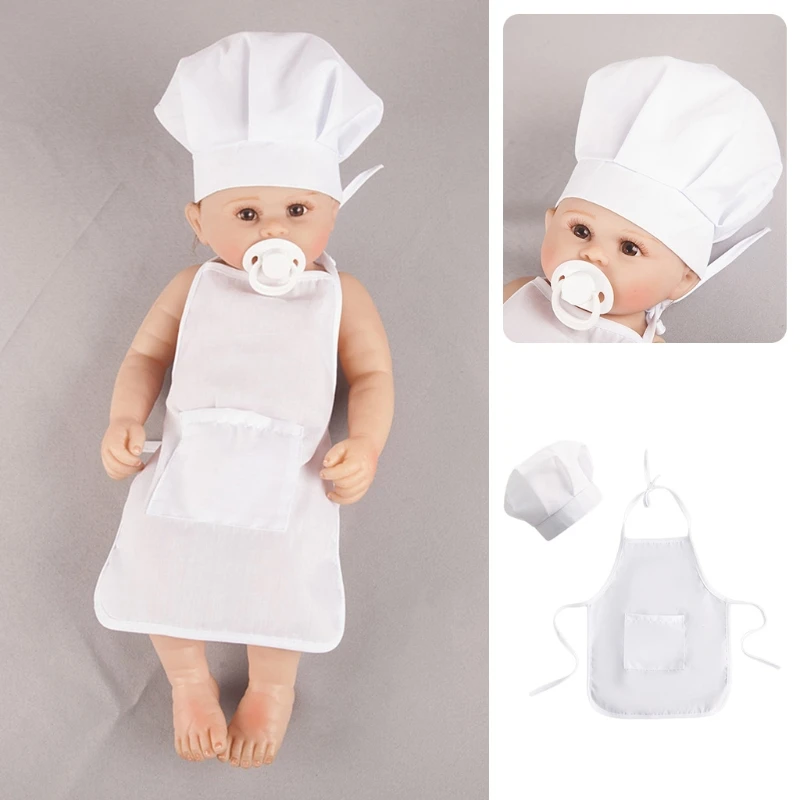 

D55E Infant Baby White Chef Costume Kitchen Hat and Apron Set Cosplay Newborn Photography Props Uniform Cooking Wear Outfits