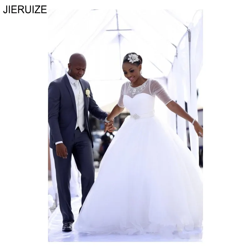 JIERUIZE African Wedding Dresses O Neck Illusion Half Sleeves Lace Up Back Crystal Sash Ball Gown Wedding Gowns Bridal Dresses