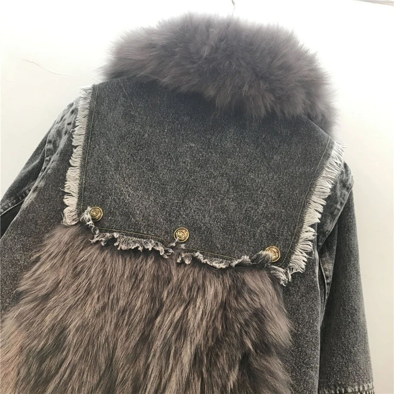 2023 winter new chic patchwork real fox fur denim jacket female thick warm fur parka metal buttons raw edge chain padded jacket