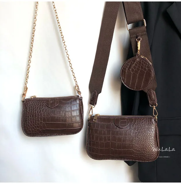 Vintage Crocodile women shoulder bag luxury designer wide strap Crossbody bag chain Sling bag pu leather ladies 3 bag set wallet