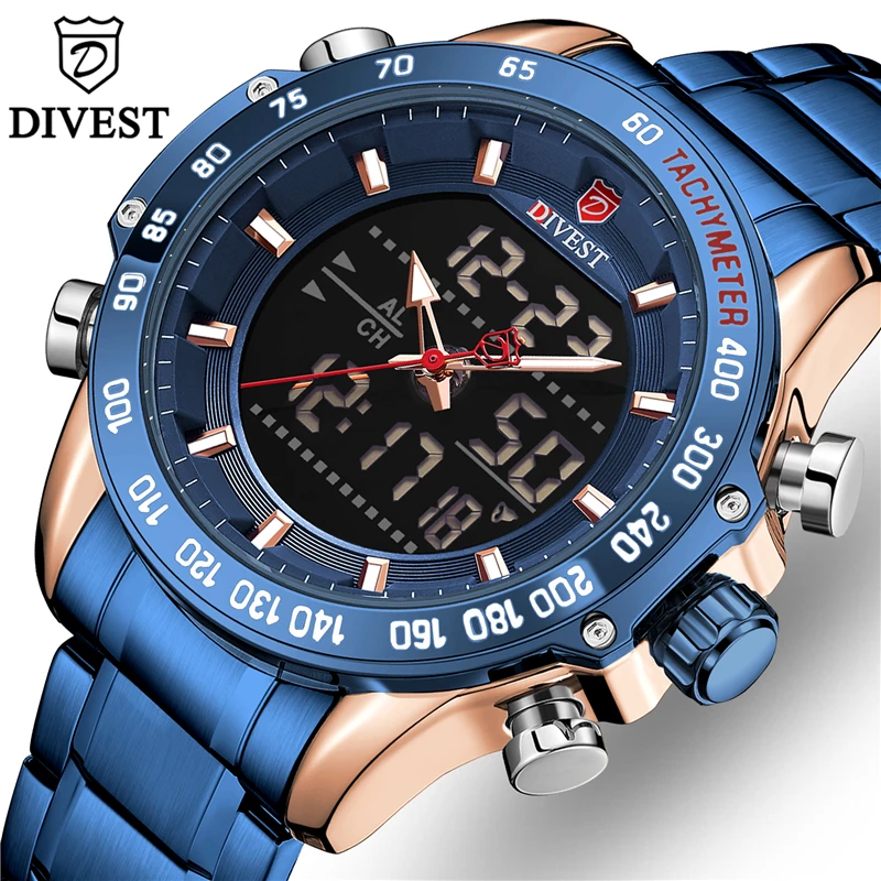 

DIVEST Top Brand Luxury Fashion Mens Watches Waterproof Quartz Watch for Men Dual Display Military Male Clock Relogio Masculino