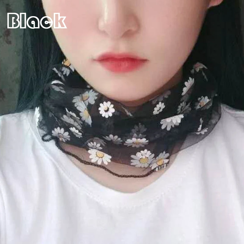 Women Silk Scarves Elegant Daisy print Mesh Bib Scarf Lace Scarf Fake Collar Fashion Lady Neck Chiffon Scarves Sun Protection