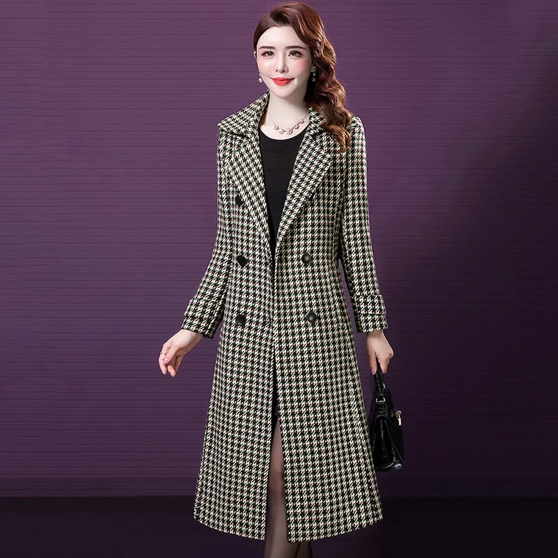 Women Plaid Cashmere Coat Autumn Winter Jacket Female Thick Woolen Windbreaker Length Oversize 5XL Mother Casual Woolan Overcoat