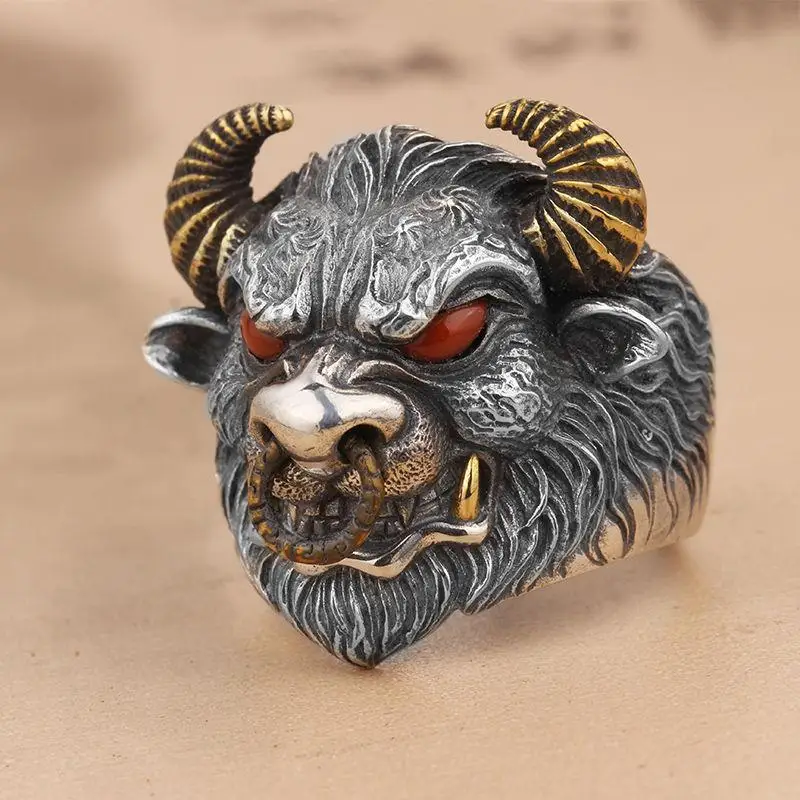 Classic Mens Personality Domineering Bull Head Ring Fashion Trend Bull Magic Ring Opening Adjustable Size Goth Punk Jewelry Gift