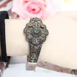 Sunspicems Vintage Gray Rhinestone Turkish Bangle Flower Cuff Bracelet For Women Antique Gold Color Arabic Bride Wedding Jewelry