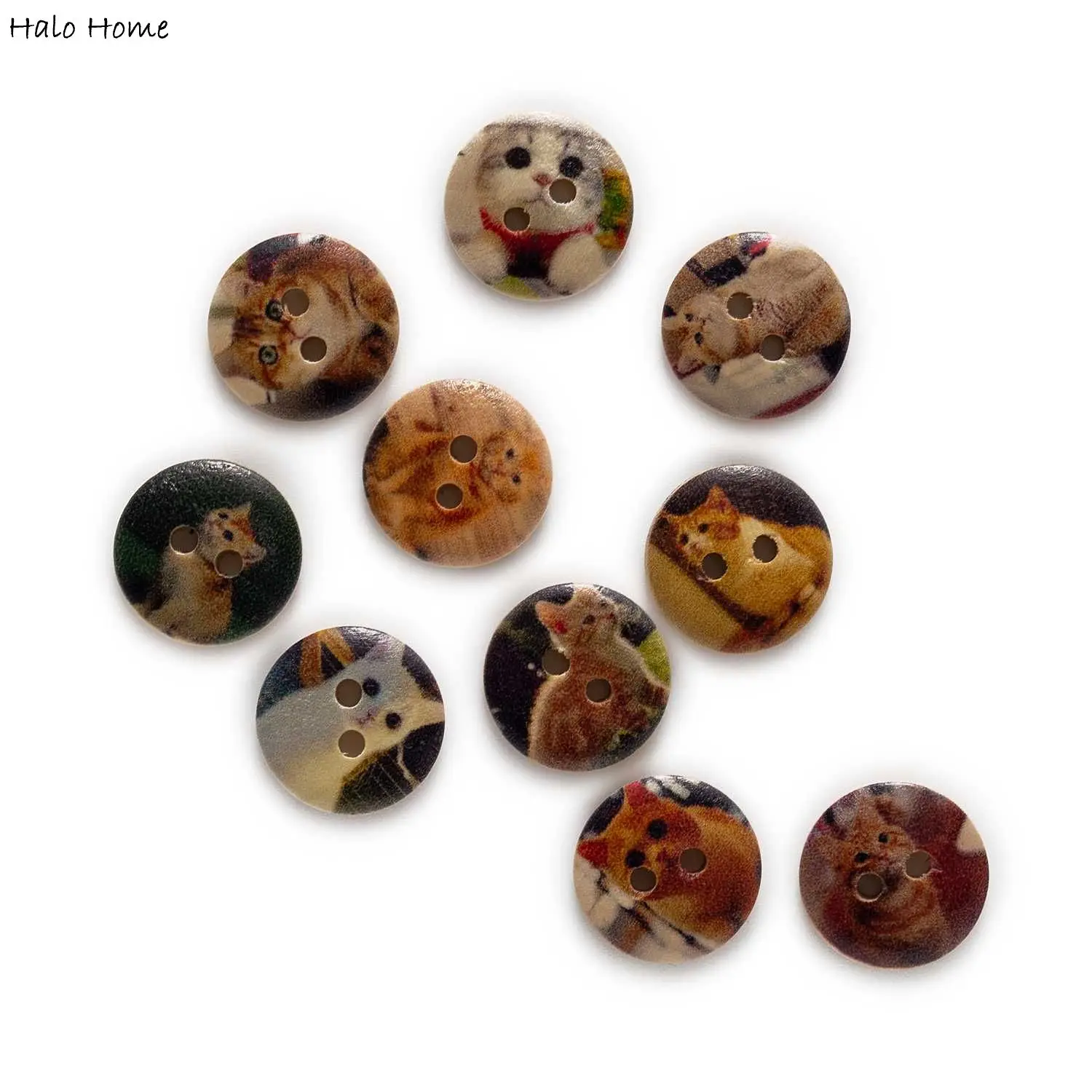 50pcs 3Style Cute Cat Printing Round Wood Buttons Sewing Scrapbook Clothing Gifts Crafts Handwork Accessories Jacket Blazer 15mm