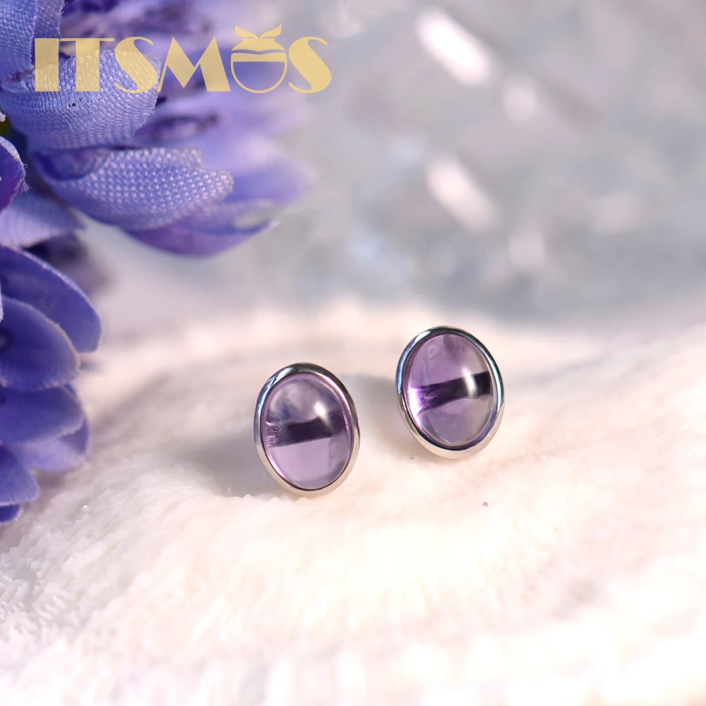 ITSMOS 1.4ct Genuine Amethyst Oval Studs Earring Silver Lovely Elegant for Women Natural Gemstone Magical Jewelry Gift