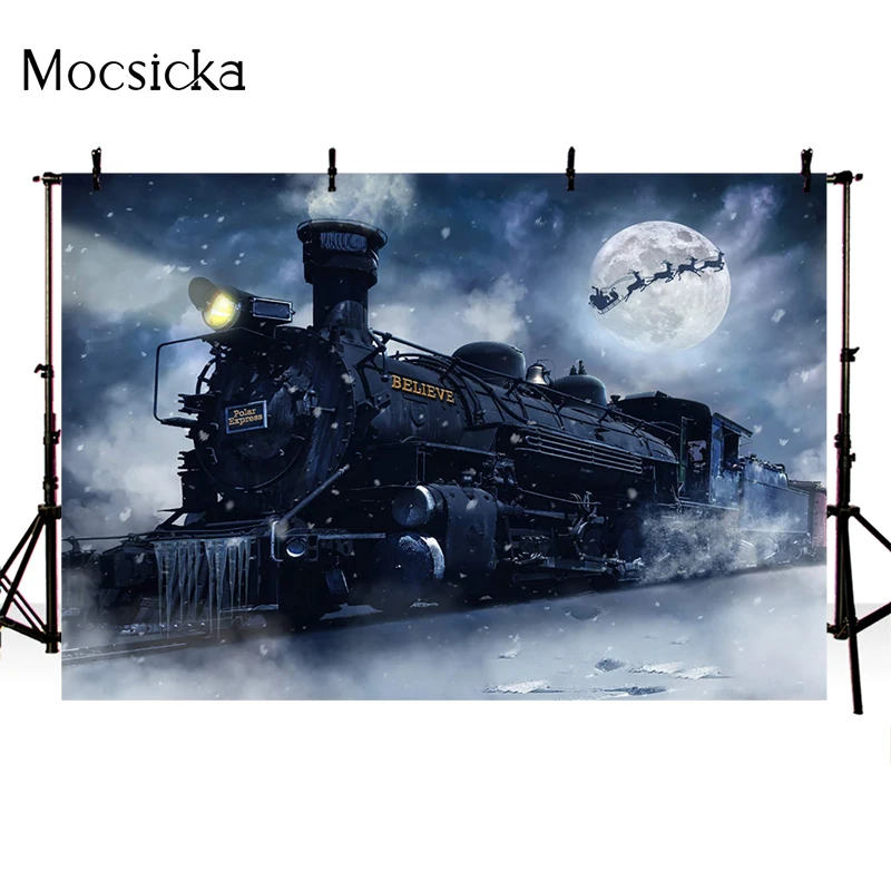 Christmas Backdrop Moon Decor Sleigh Snowflake Xmas Day Party Photo Background Birthday Party Banner Polar Express Train Photo