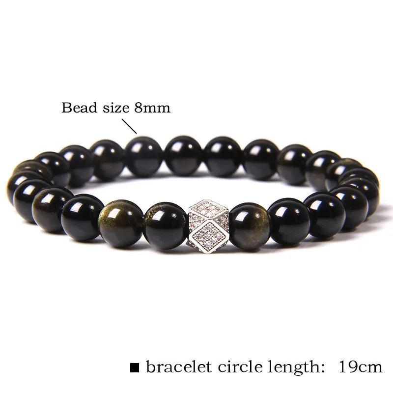 High Quality Natural Black Tourmaline Obsidian Beads Bracelet Fashion CZ Metal Square Charm Bracelet Jewelry for Women Men Gifts