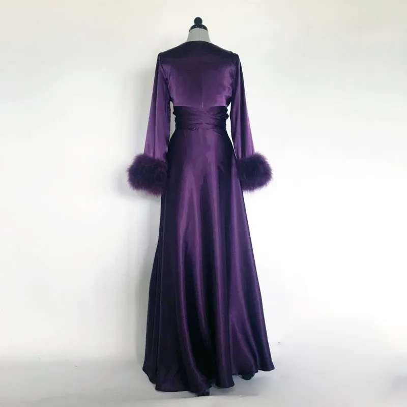 2020 Charming Purple Night Robe Long Sleeves Fur Party Celebrity Sleepwear Cheap Nightgowns Robes