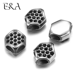 316L Stainless Steel Beads Double Hole Hexagonal with Black Rhinestone Leather Cord Bracelet Jewelry Making Accessories