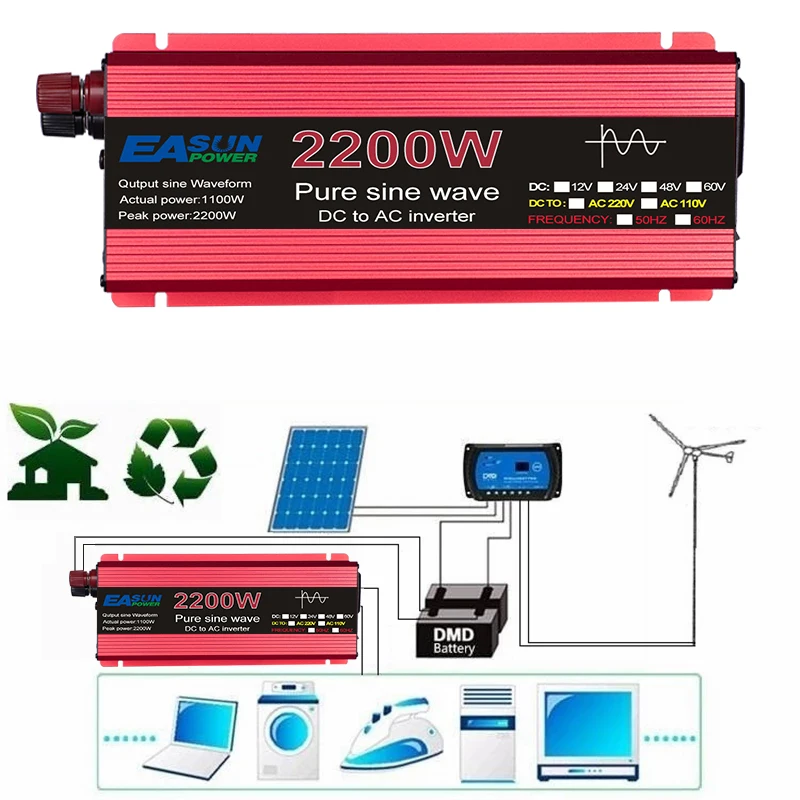 Pure Sine Wave Inverter 3000W 2200W 1600W 1000W Voltage DC 12V 24V To AC 110V 220V Transformer Power Converter Solar Inverter