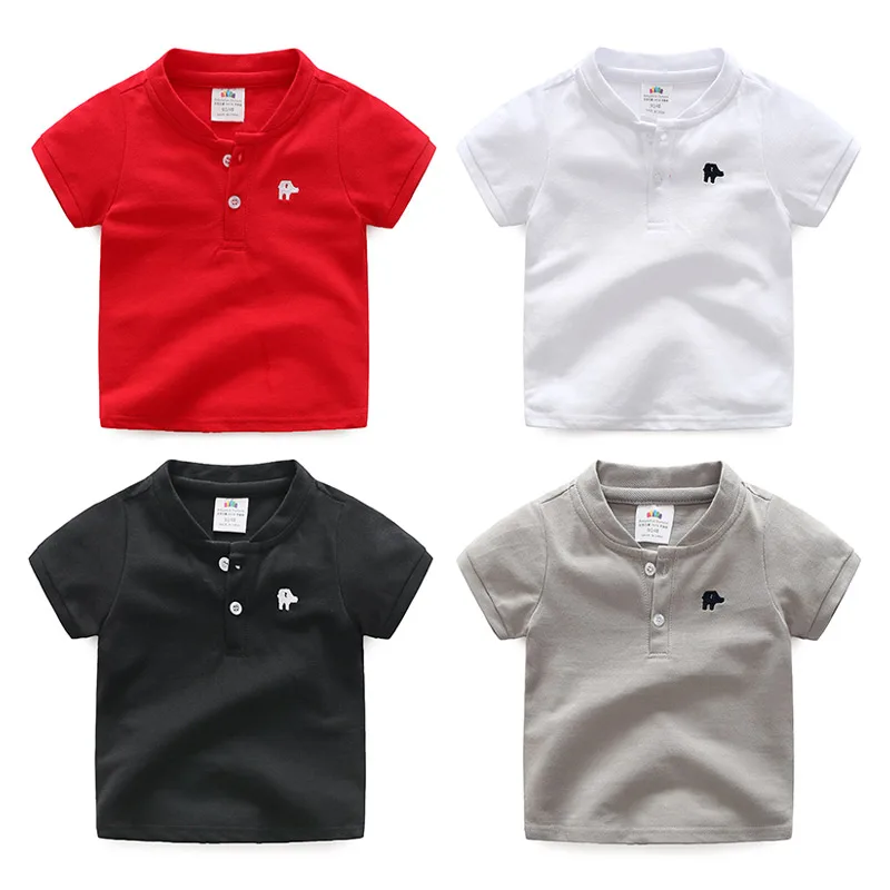 2024 Summer 2 3 4 6 8 10 Years Cotton Embroidery Short Sleeve Mandarin Collar Solid Color Handsome V-Neck Baby Kids Boys T-Shirt