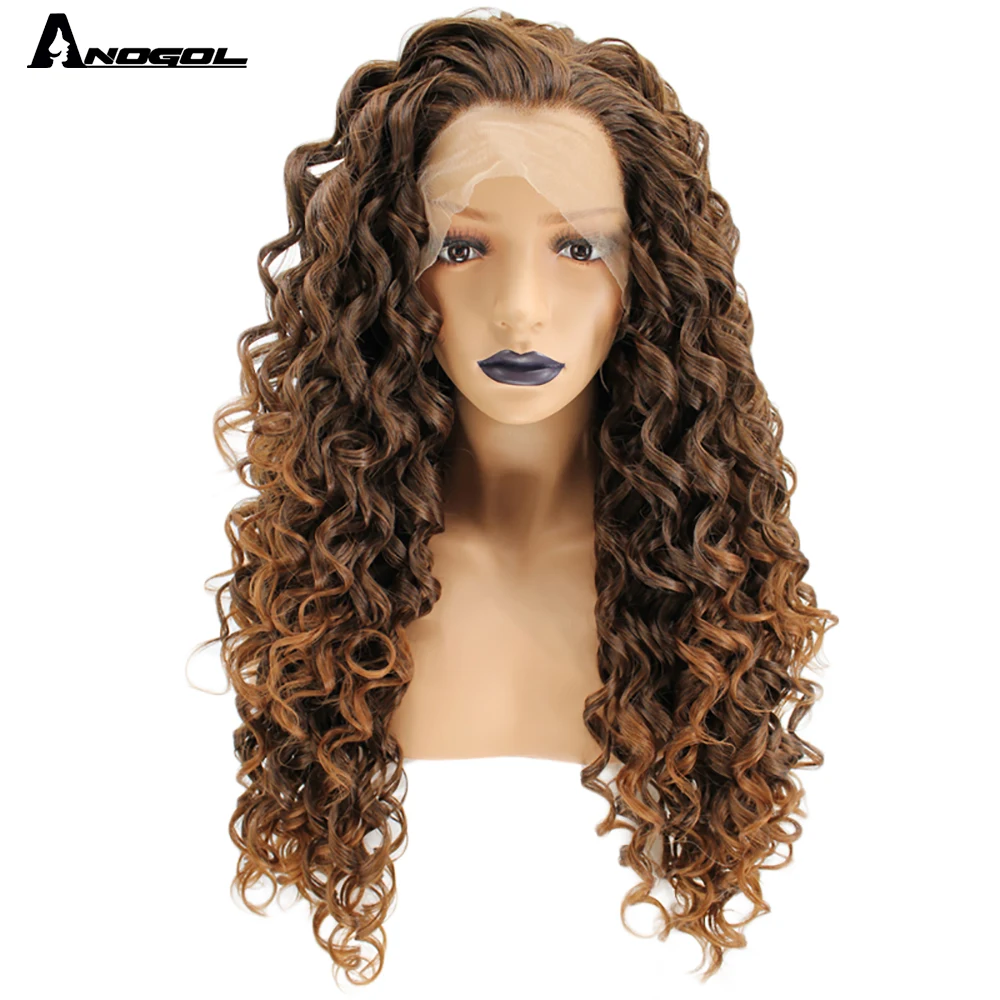 Anogol High Temperature Fiber Free Part Long Kinky Curly Brown Blonde Ombre Synthetic Lace Front Wig For White Women