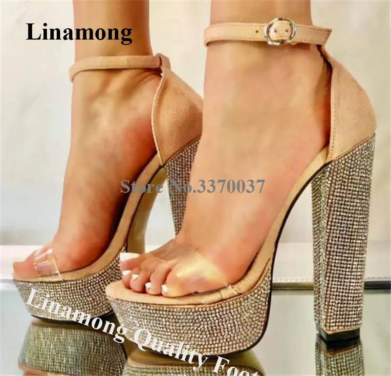 

Linamong Bling Bling One PVC Strap Rhinestone High Platform Chunky Heel Sandals Beige Suede Thick High Heel Sandals Wedding