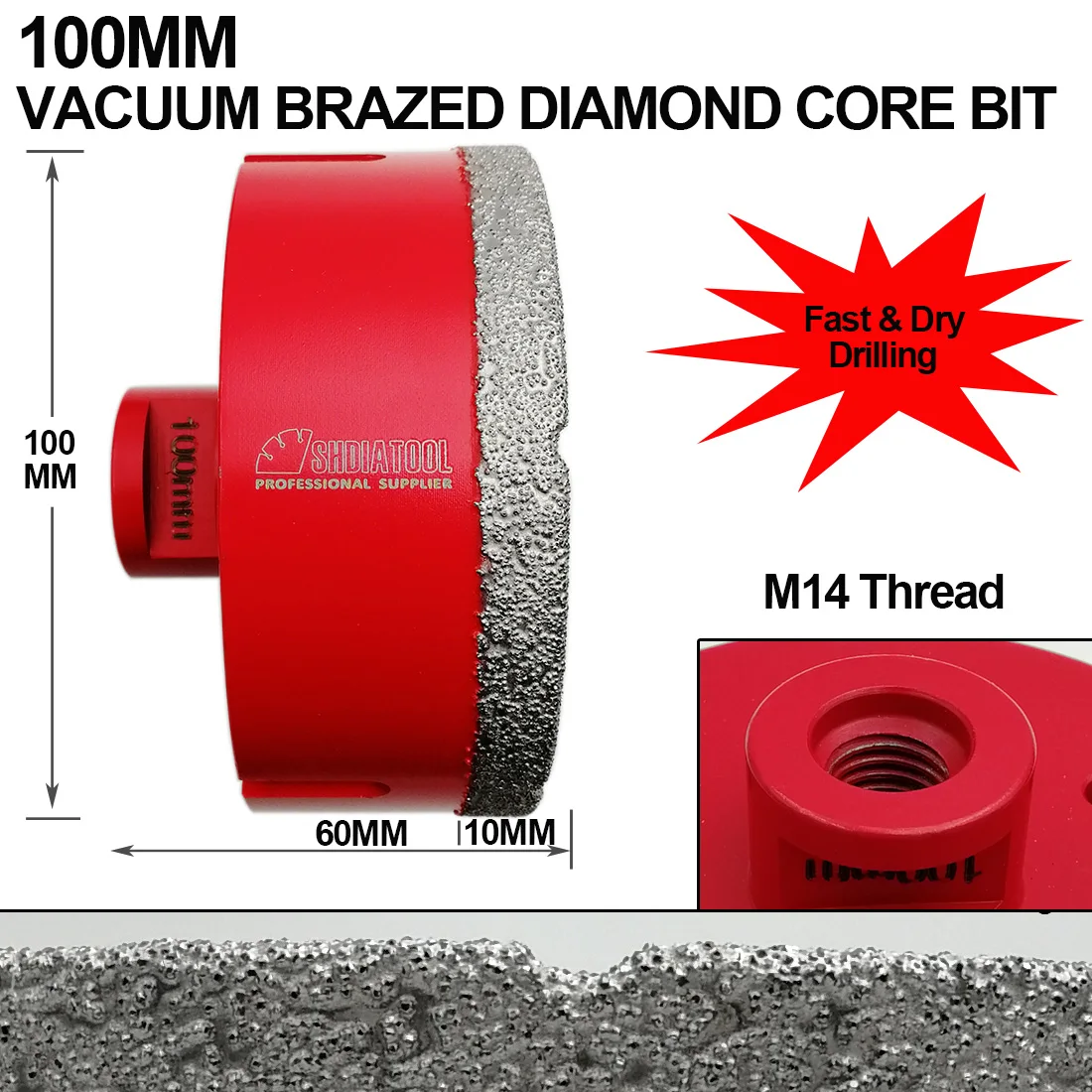 SHDIATOOL 1pc M14 Dia 100/110/115/125mm Vacuum Brazed Diamond Drill Core Bit Drilling Bit For Granite Marble Ceramic Hole Saw