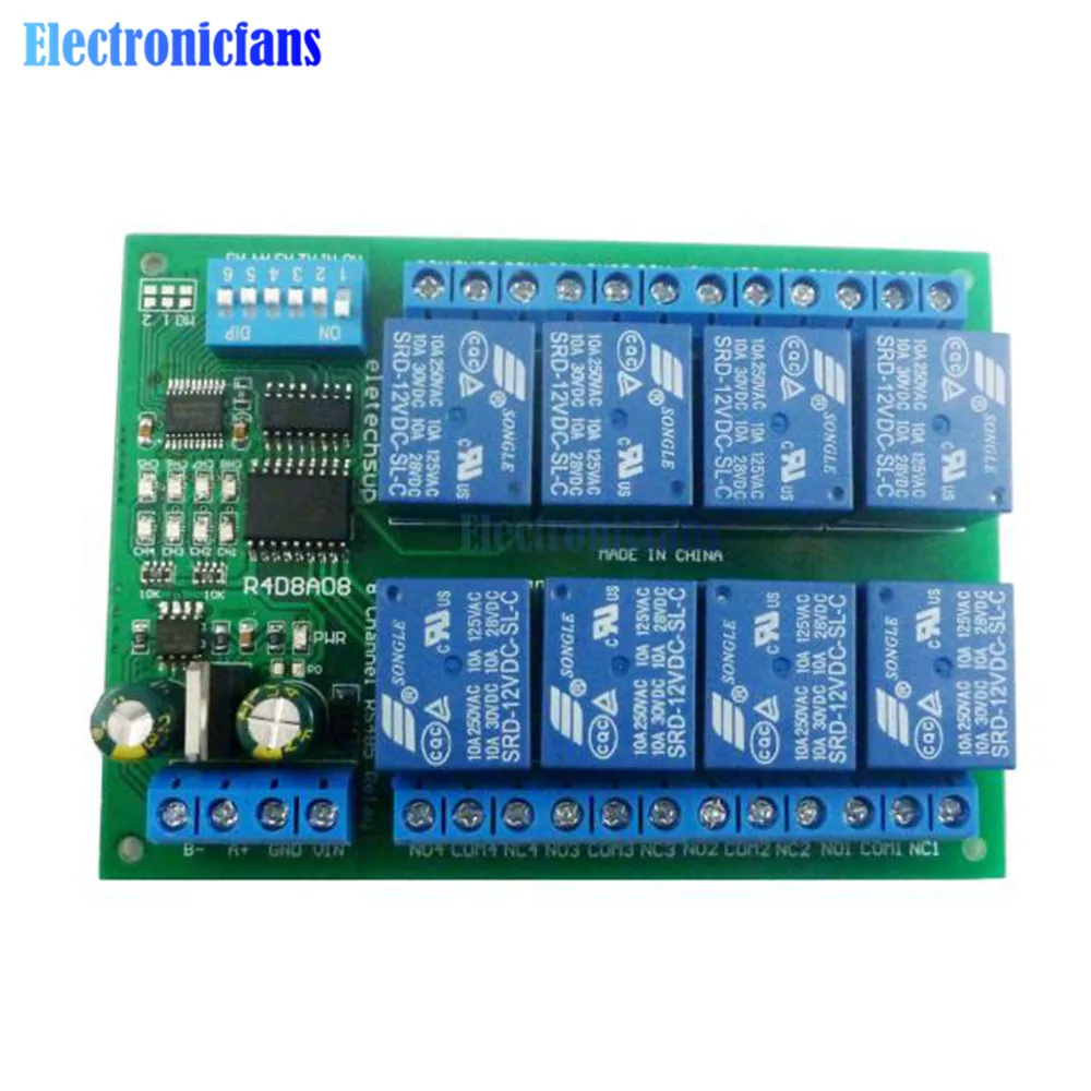 DC 12V 8 canali modulo relè RS485 protocollo Modbus RTU telecomando scheda di espansione PLC con scatola guida DIN