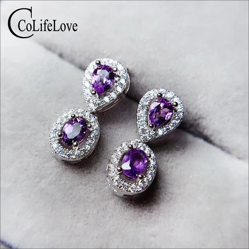 CoLife Jewelry 925 Silver Amethyst Drop Earrings for Drop Earrings 4 Pieces Natural Amethyst Dangler Fashion Earrings