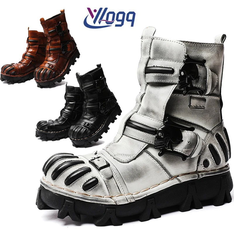 New Fashion Genuine Leather  Motorcycle Boots for Man Riding Shoes Tactical Combat Boots Goth Skull Mid-calf Boots Botas Hombre