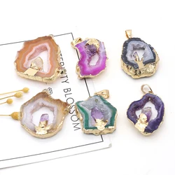 New Geode Agates Slice Pendant Inlaid Natural Amethysts Point Irregular Stone Quartz Charms for Jewelry Making DIY Necklace Gift