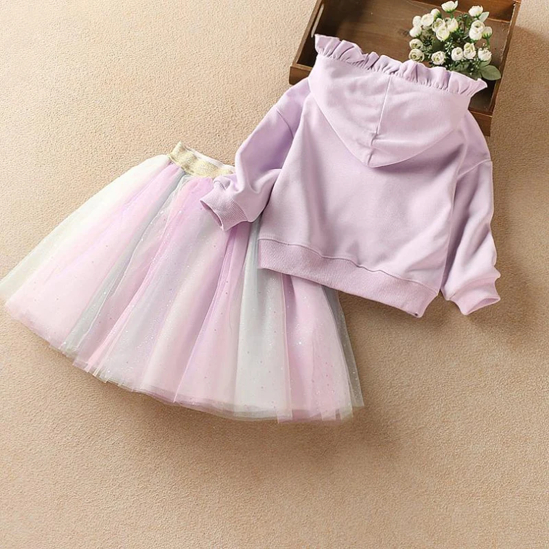 Cute Unicorn Long Sleeve Hoodie+Skirt 2Pcs Baby Girl Clothing Sets Christmas Party Rainbow Mesh Tutu Princess Girls Skirt Suits