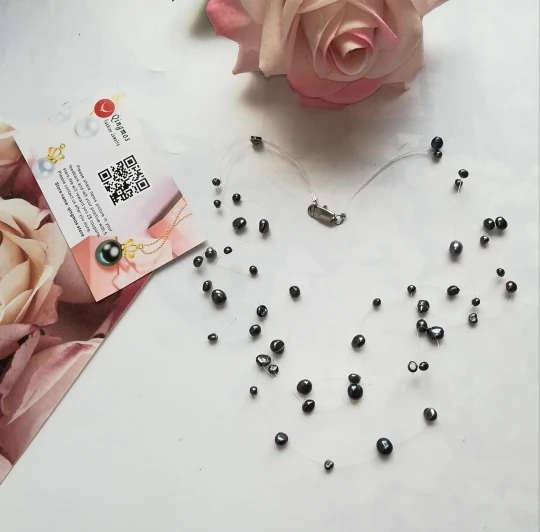 Qingmos 4-6mm Baroque Natural Freshwater Black Pearl Necklace for Women with Float Starriness Necklace 18-20\