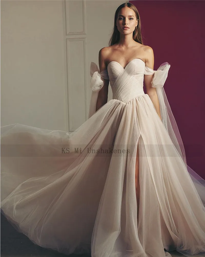 Vestido de novia plisado con escote corazón para mujer, traje de novia color champán y Rosa, con abertura lateral, corte en A, 2022