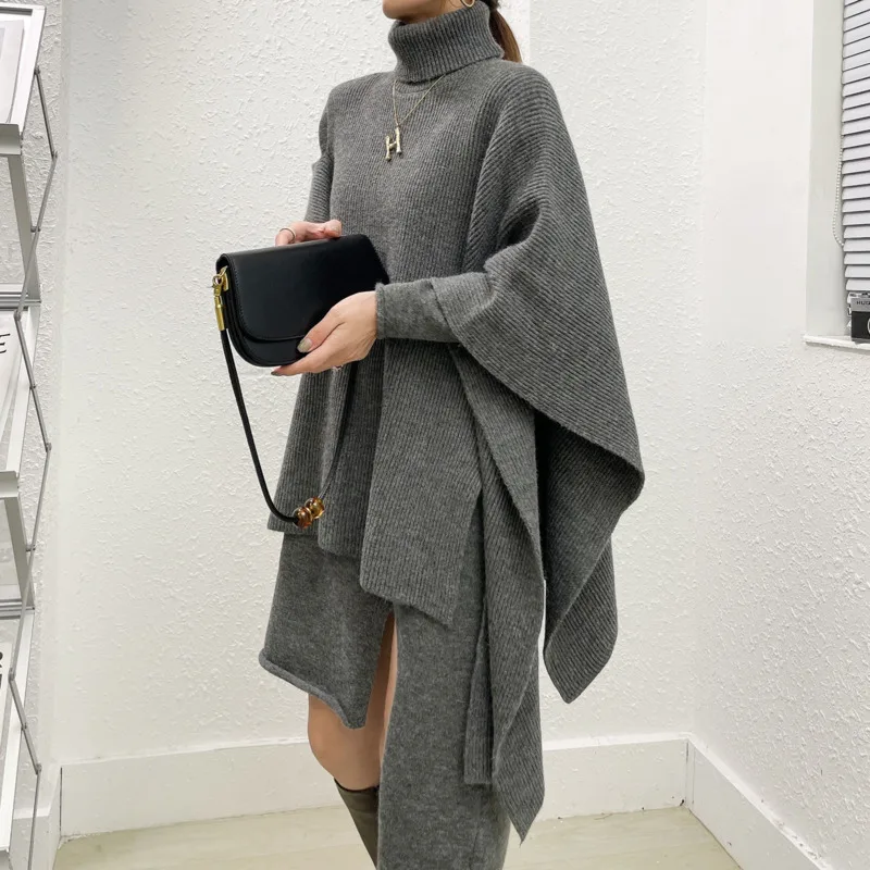 Two-piece Set Women Cape Irregular Split Knitted Dress Loose Turtleneck Cloak Shawl Sweater Pullover Fashion Suit Poncho Femme