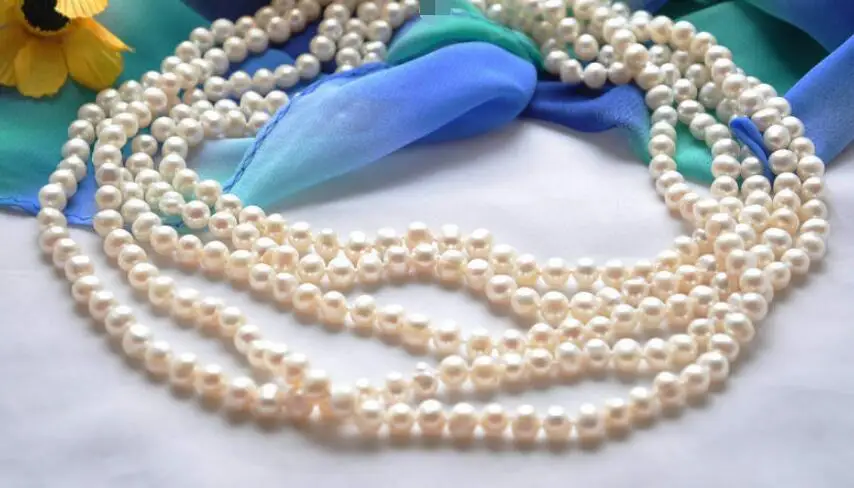 

Beautiful 5strands 7-8mm white round Pearl Necklace magnet clasp