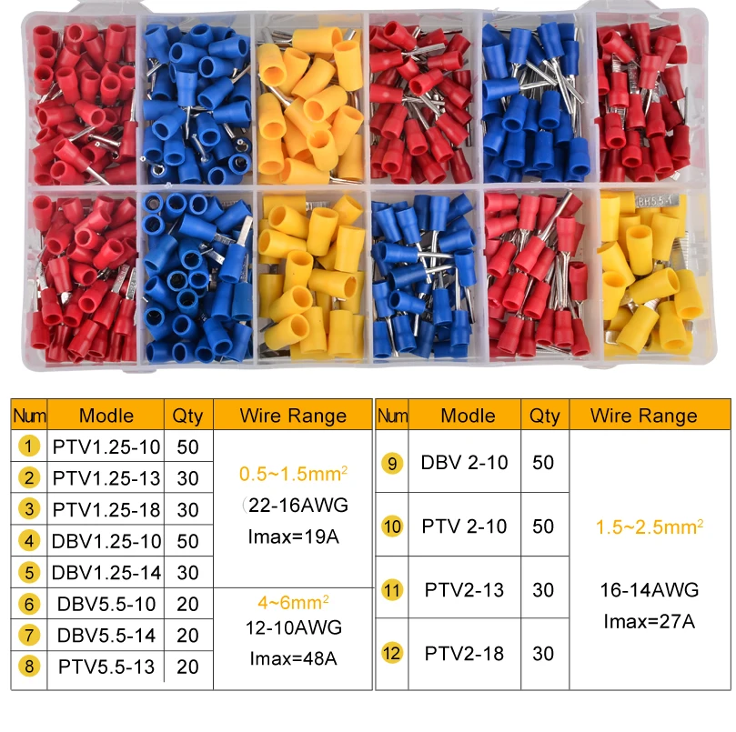 410PCS Assorted Crimp Pre-Insulated Terminal Spade DBV+PTV 0.5-6MM² 10-22AWG Cold-Pressed Pin Cable Electrical Connector