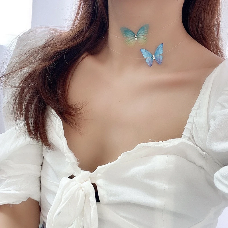 Woman 3D Butterfly Choker Gauze Fish Line Necklace Invisible Fish Line Butterfly Choker Necklace Pendant Necklace