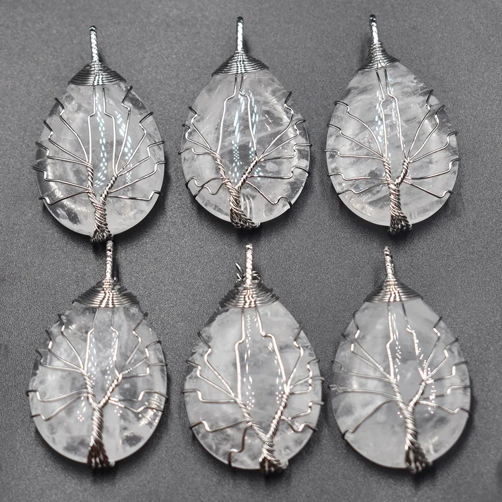 Wholesale 6pcs/lot white Color Wire Wrap handmade tree of life drop shape natural  stone white crystal pendants free shipping