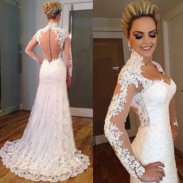 

Vestido De Noiva 2025 Sexy Long Sleeve See Through Lace Appliqued beading drop shipping Sheath bridal gown brides wedding dress