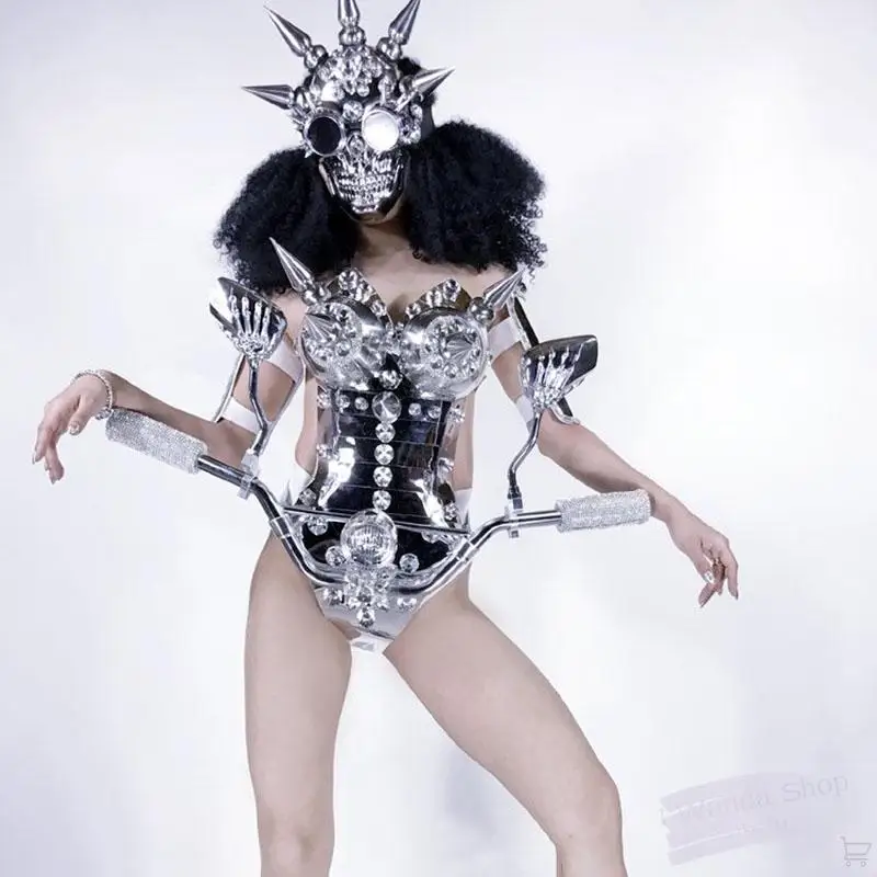 future technology Silver Mirror disco costume Halloween stage performance space armor motobike woman led costumes