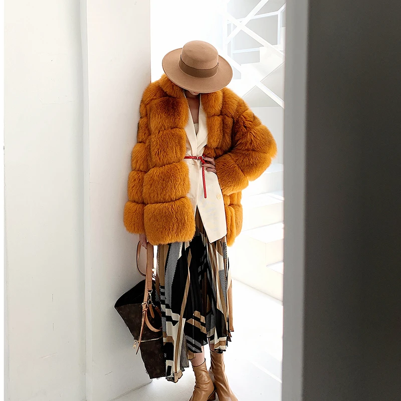 Ftangaiur New Winter Import Fox Fur Coat Warm Light Color Fox Coats Turn-Down Collar Medium Natural Fur Slim Fox Fur Coats