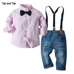 Top and Top Kids Boy Clothes Autumn Winter Baby Gentleman Suit Long Sleeve Shirts with Bowtie+Suspenders Jeans 2Pcs Outfits