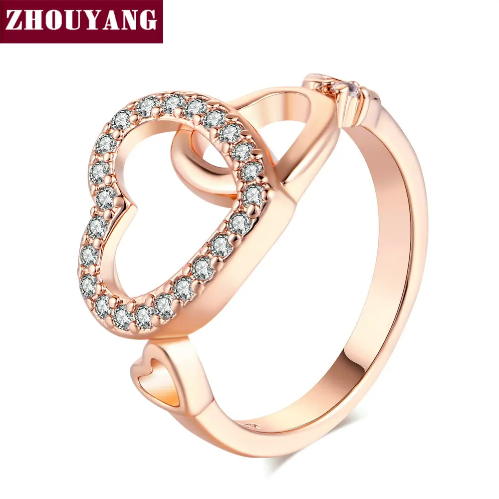 Top Quality Gold Romantic Dual Hearts Crystal Love Ring Rose Gold Color Austrian Crystals Full Sizes ZYR154 ZYR155