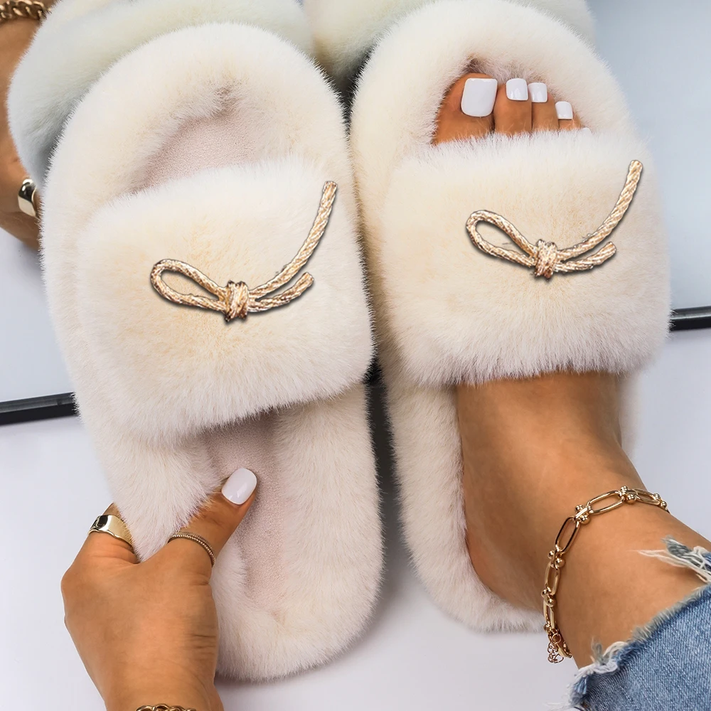 Fluffy Slippers Female Knotted Twist Platform Slides Faux Fur Sandals Flip Flops Fashion Fall Slippers Designer Women Shoes 2021