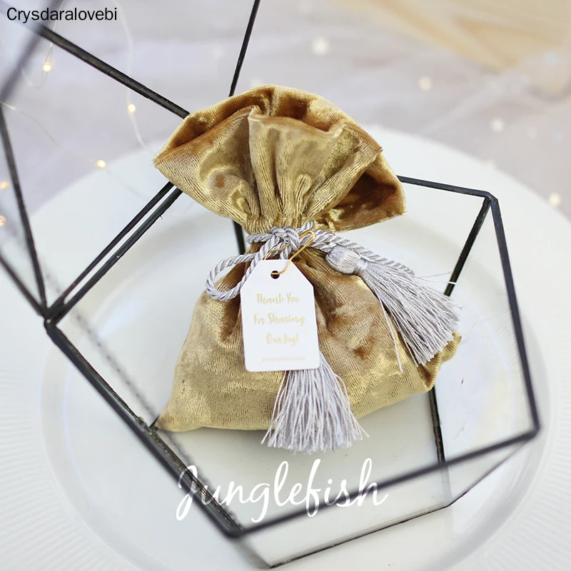 20/10pcs Green Velvet Wedding Candy Boxes with String and the Cards 9.5*12cm Luxury Gift Pouches Event Party Supplies Favors Bag