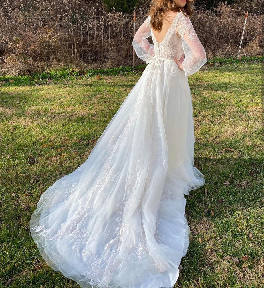 Robe de mariée ligne a, col en v, manches lanternes, avec des Appliques en dentelle, dos nu, en Tulle, longueur au sol, avec traîne, nouvelle collection