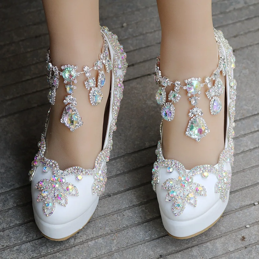 New Ladies White Sweet Cute women's Pumps Wedges High Heels Pumps Fashion Platform Rhinestone fringed wedge heel Shoes Woman