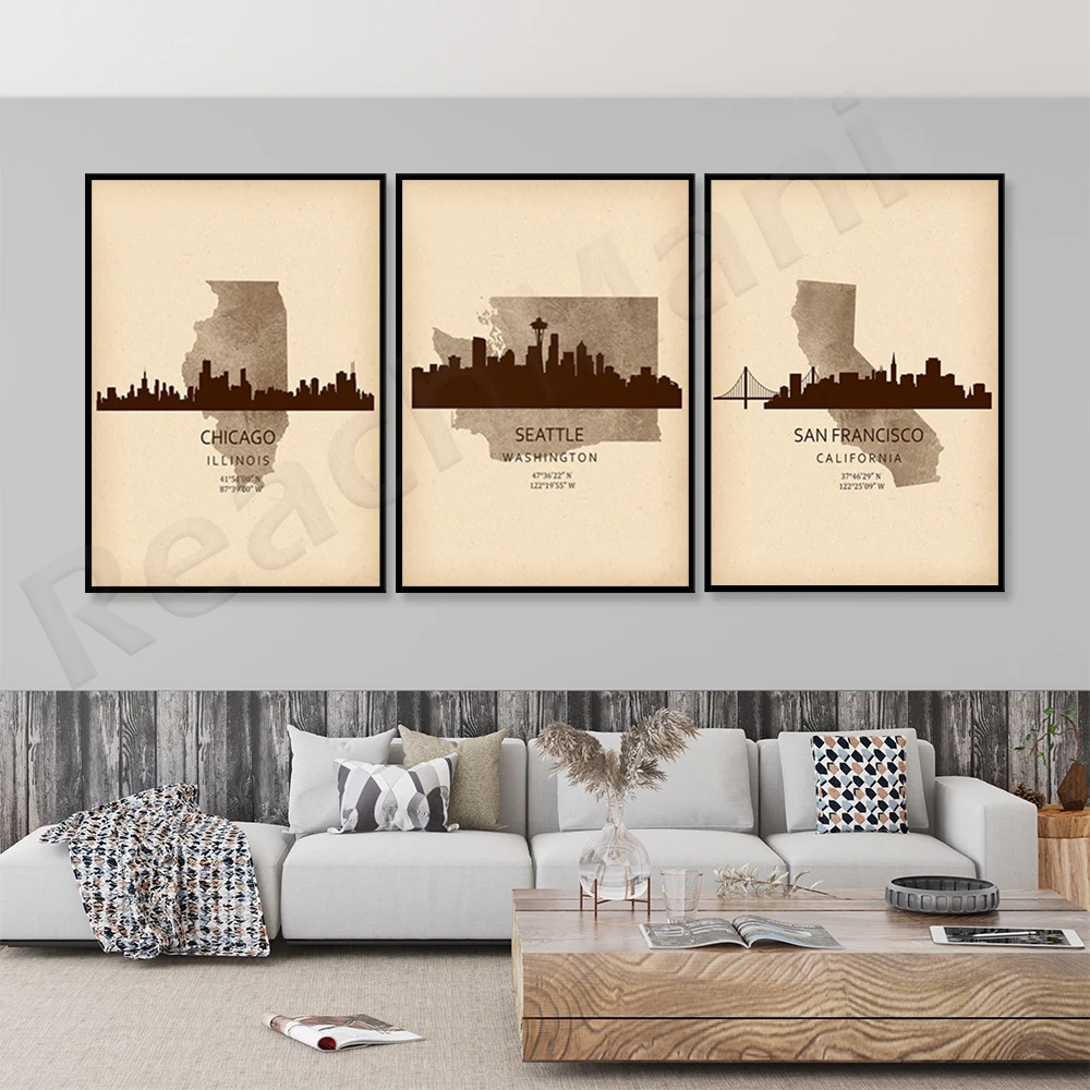 Cidade americana arte retro chicago skyline san francisco seattle skyline decoração de parede arte náutica presentes do escritório wal