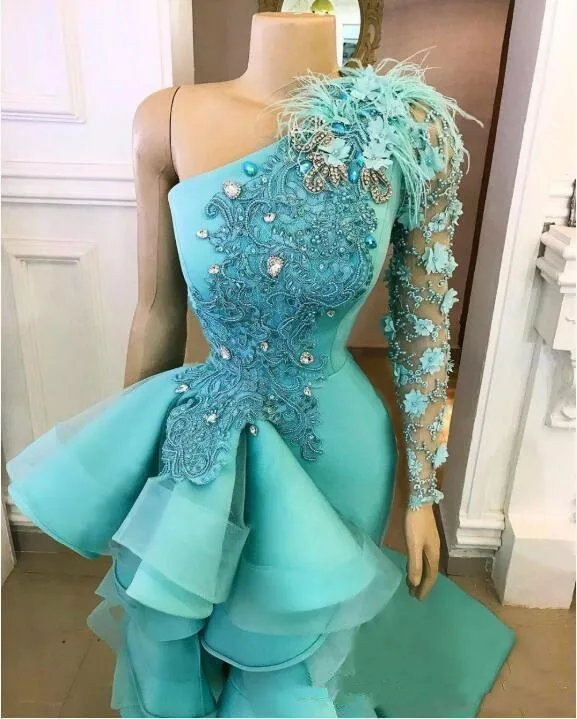 Gaun Malam Satu Bahu Biru Merak Baru 2020 Gaun Pesta Formal Peplum Applique Bunga Buatan Tangan dengan Gaun Prom Terpisah