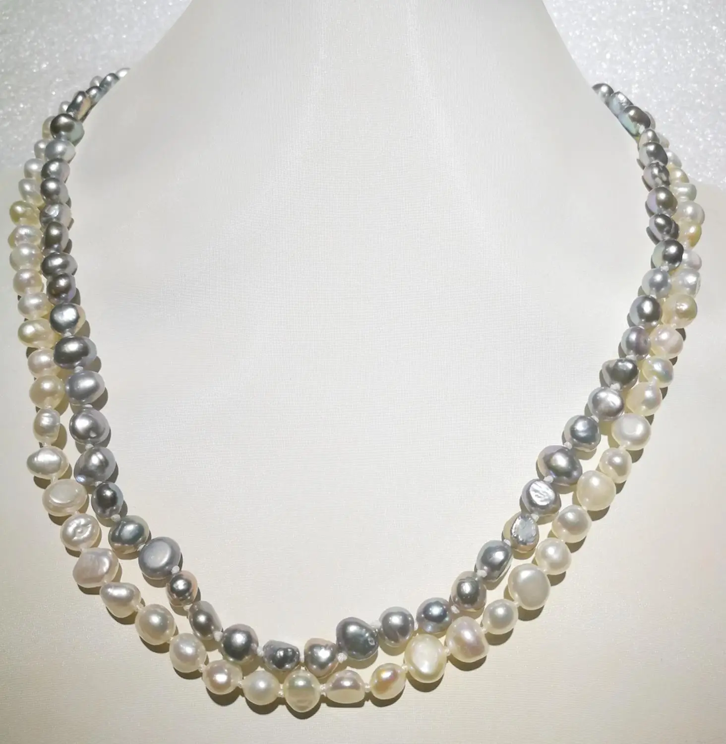 

6x7mm baroque pearl necklace 2 rows white gray real Natural freshwater pearl Women Jewelry 35cm-43cm 15-17''