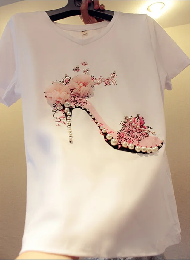 

6XL!summer heavy industry classic beaded t-shirt women high-heeled shoes three-dimensional flower stretch cotton