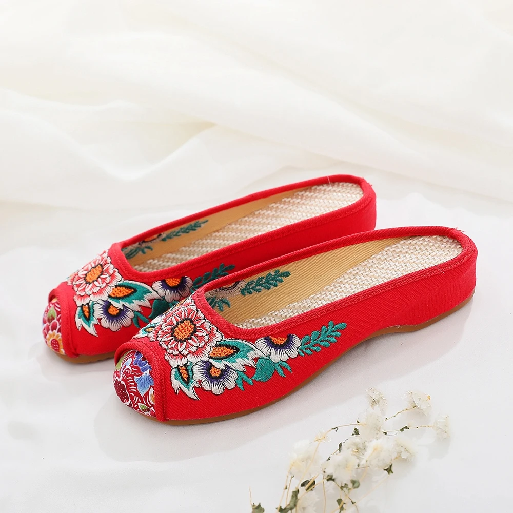 Veowalk Sunflower Embroidered Women\'s Canvas Slides Summer Ladies Comfort Cotton Embroidery Flat Slippers Shoes Sandial Mujer
