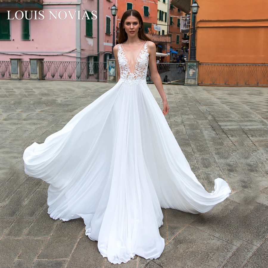 

Louis Novias Sexy Wedding Dress Deep V-neckline Beach Wedding Frocks White Lvory Appliques Vintage Soft Satin Wedding Gowns