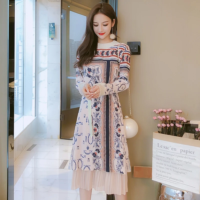 Autumn Women Bohemian Dress O-neck Full Sleeves Waistband Printed Flowers Patchwork Pleated Hem Mid-calf Dress Ladies Dress