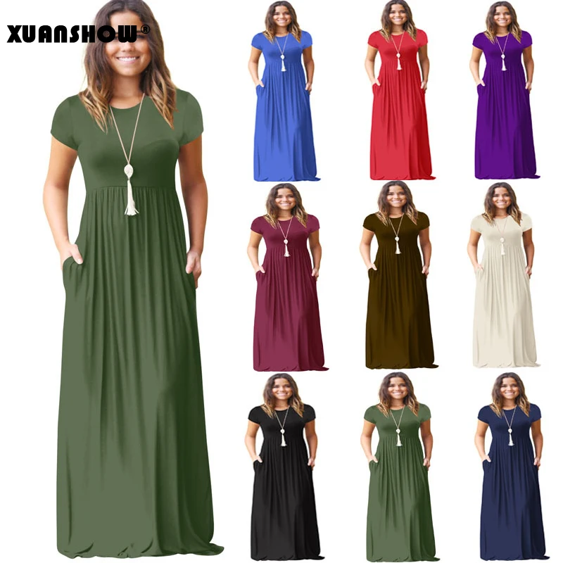 Xuanshow 2024 feminino cor sólida bolso vestidos longos manga curta primavera verão maxi vestido t camisa vestido de mujer