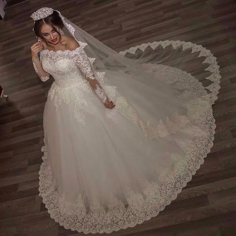 Vestido de noiva com apliques, vestido de baile de manga longa com corrente